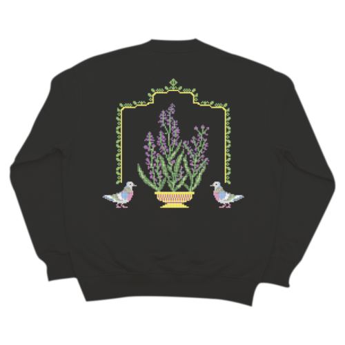 Sweater Pigeons and flowers, katoenmix fleece, handprinted transferdruk, relaxed fit voor dagelijks comfort, graphic op de rug, crewneck, whoised.nl, Who is Ed
